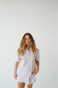 Cotton Short Sleeve Shirt - Grey & White Stripe