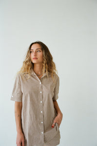 Cotton Short Sleeve Shirt - Brown & White Gingham